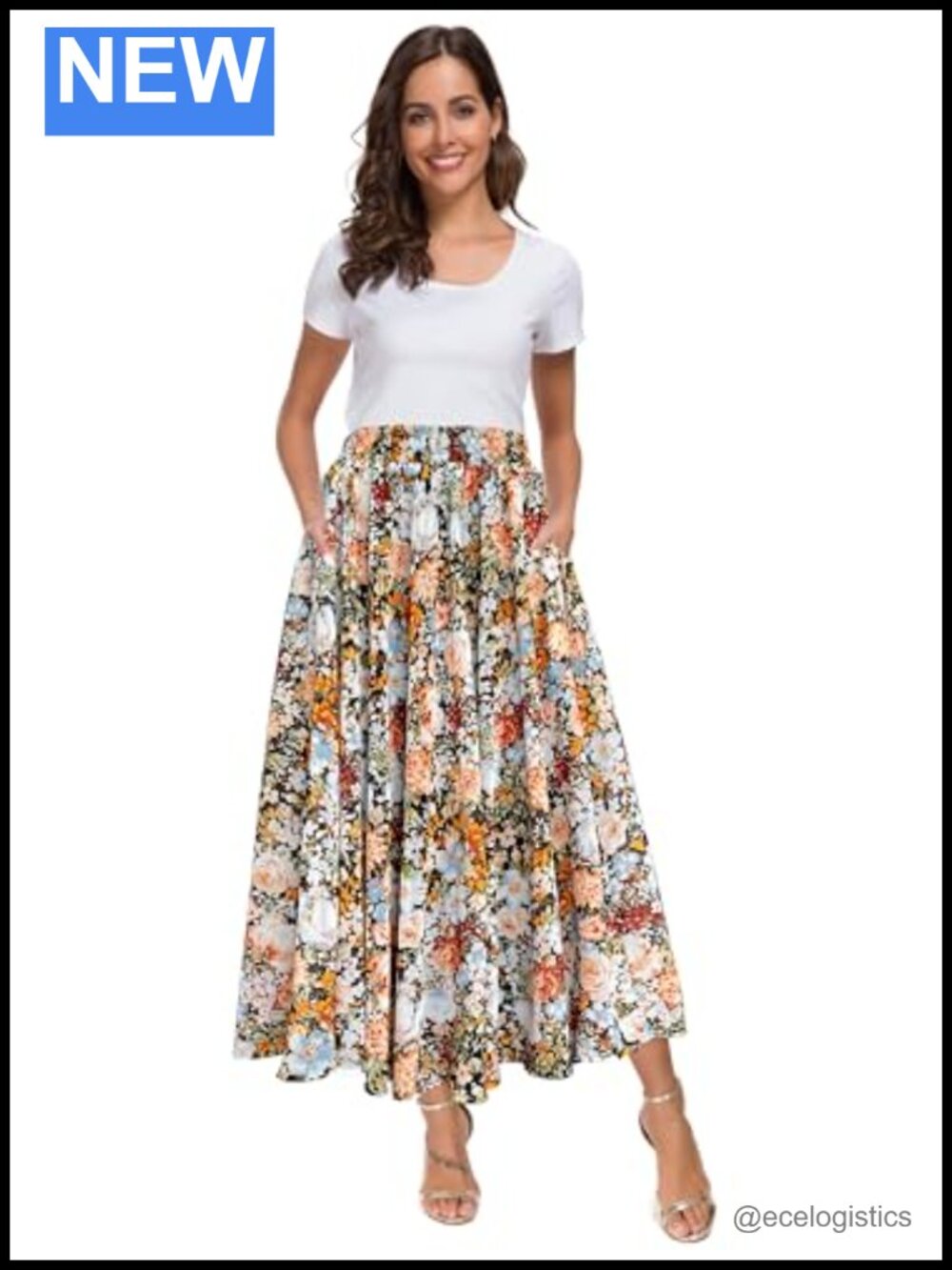 Afibi Floral Chiffon High Waist Swing Pleated Midi Skirt with Pockets A-Line